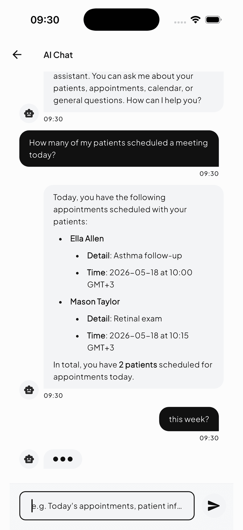 The Patient Book AI chat listing today's appointments