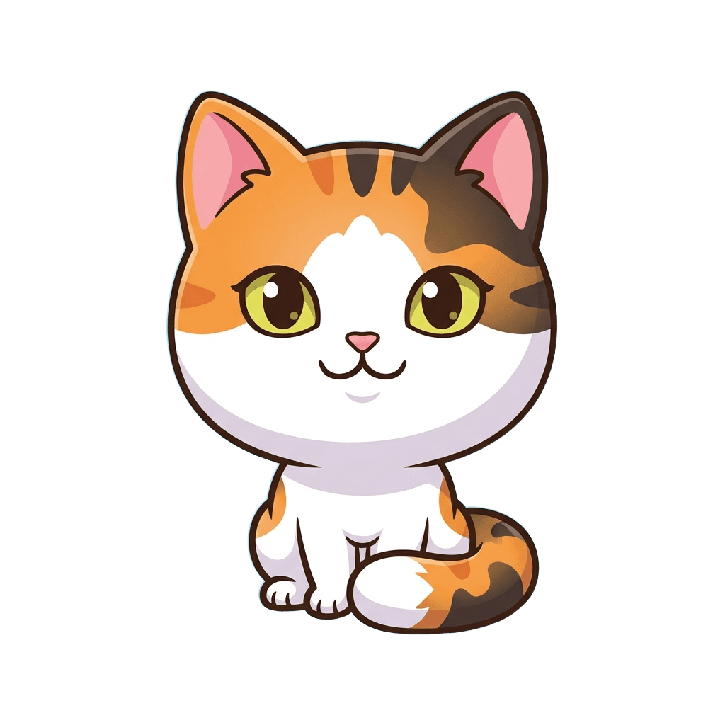 Alpha, the AlphaCat mascot — a cute cartoon calico cat